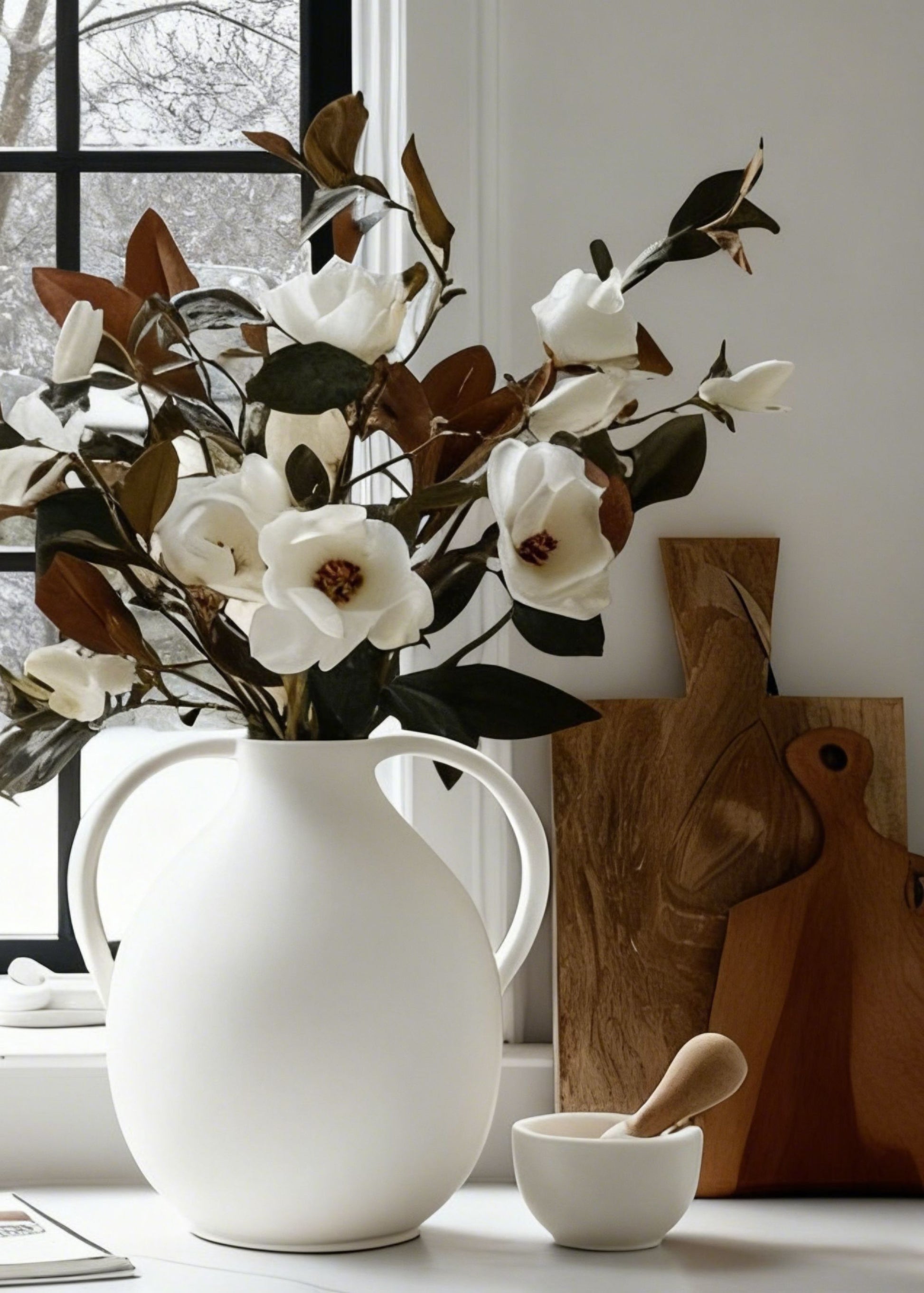 close-up of artificial magnolia flowers