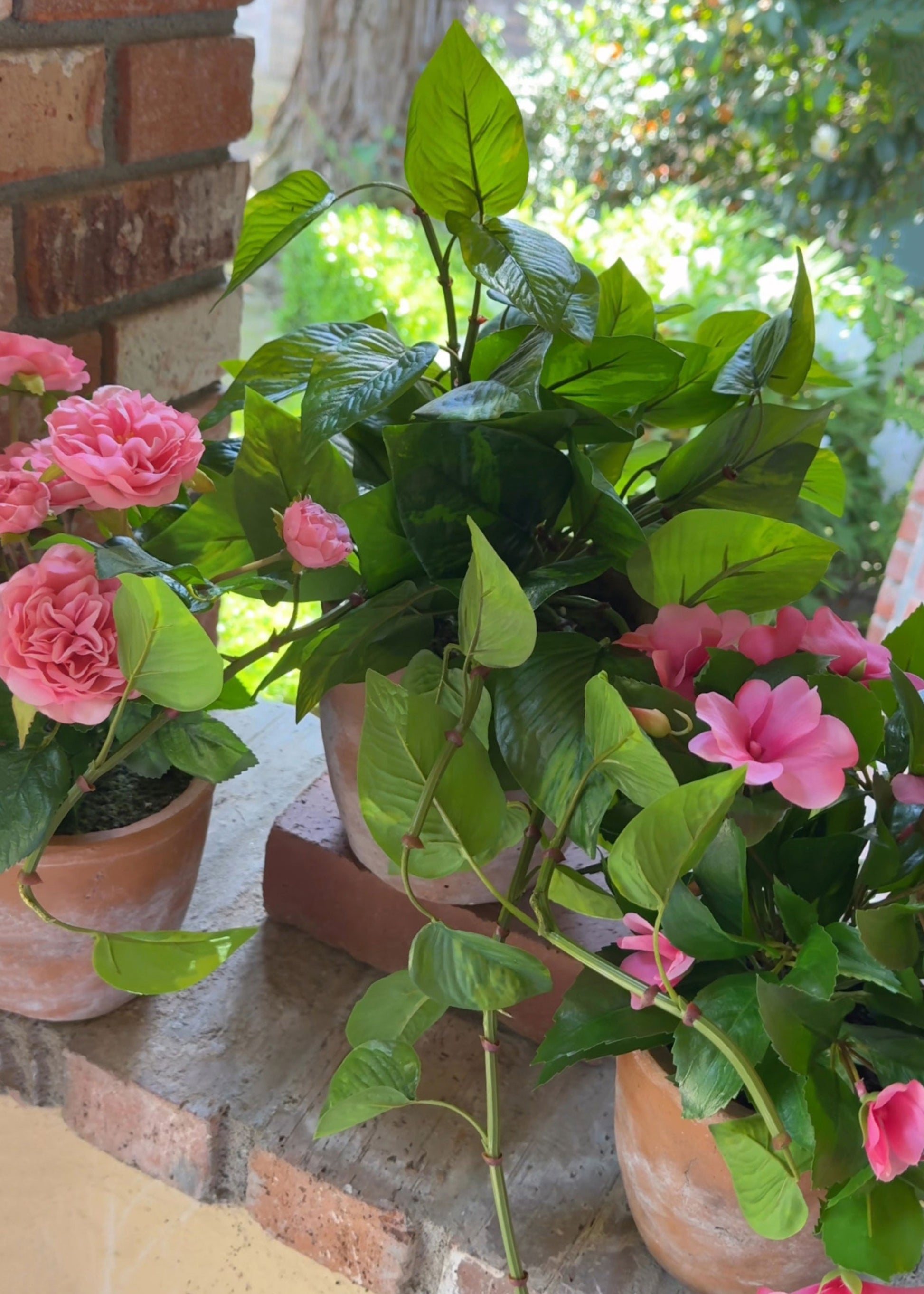 Outdoor Pothos Real Touch Potted Plant with artificial potted pink flowers
