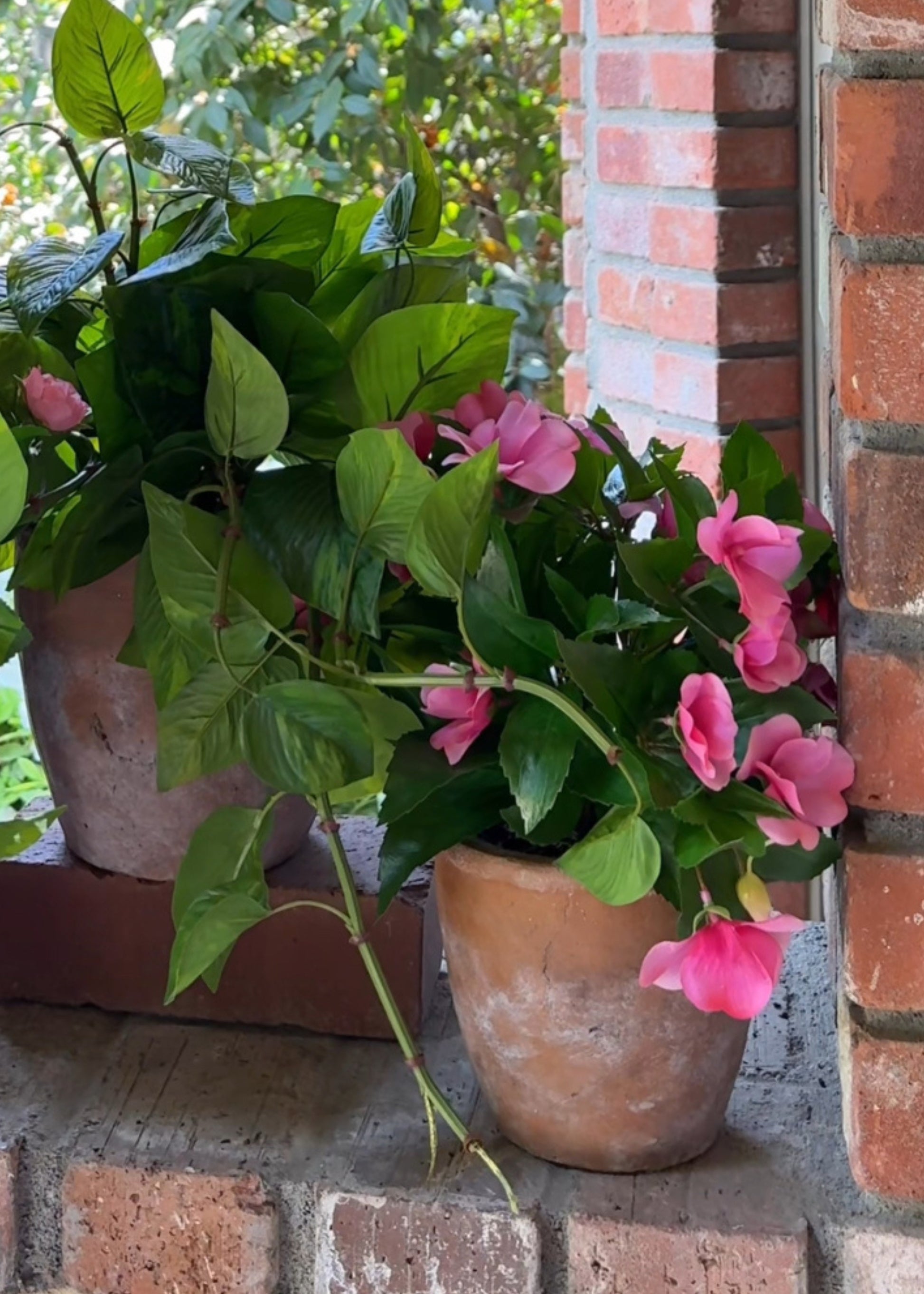 outdoor artificial pink impatiens in a terra cotta pot with potted pothos