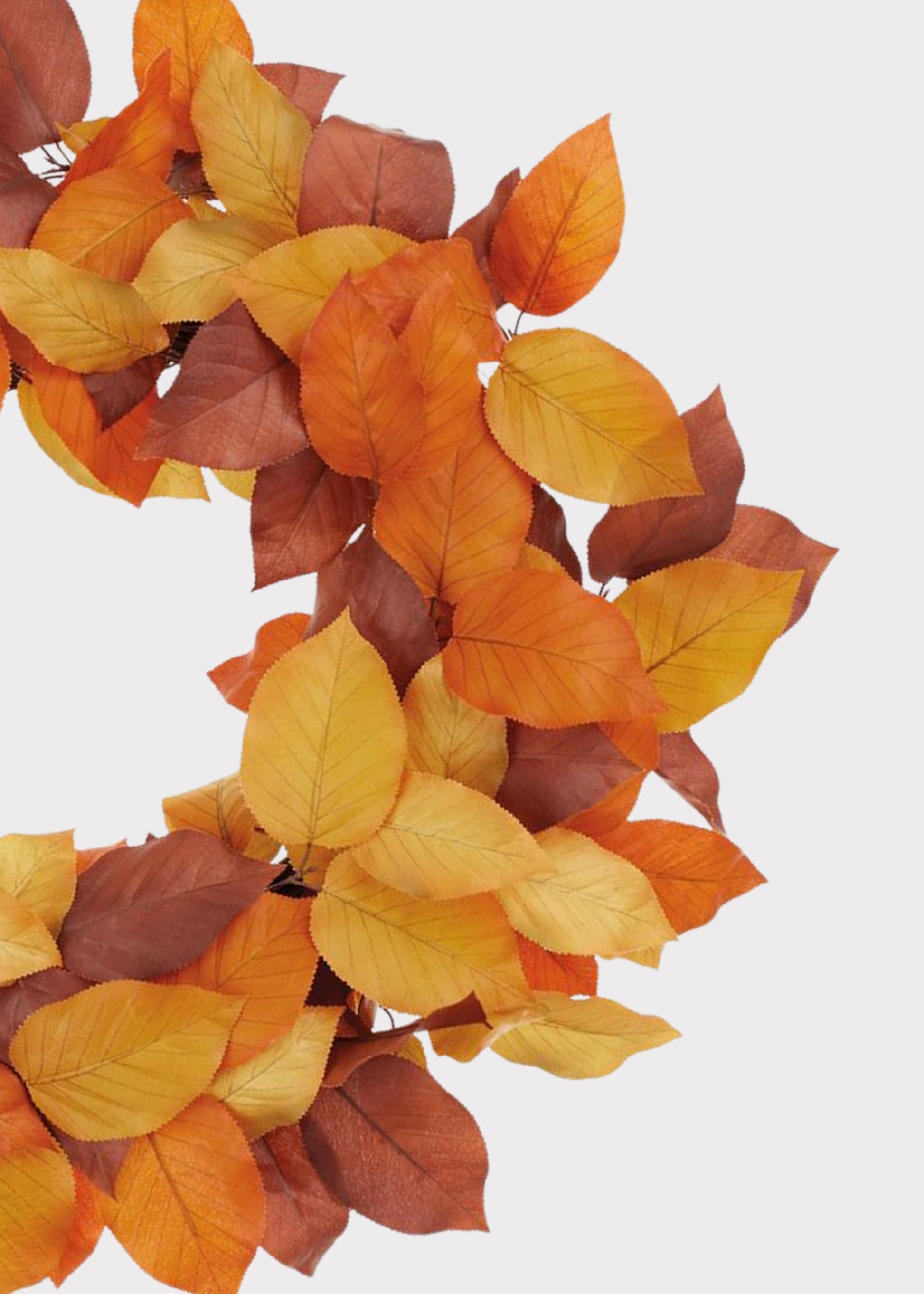 An artificial autumn leaf garland with vibrant yellow, orange, and brown leaves, arranged in a curved shape against a solid light gray background.