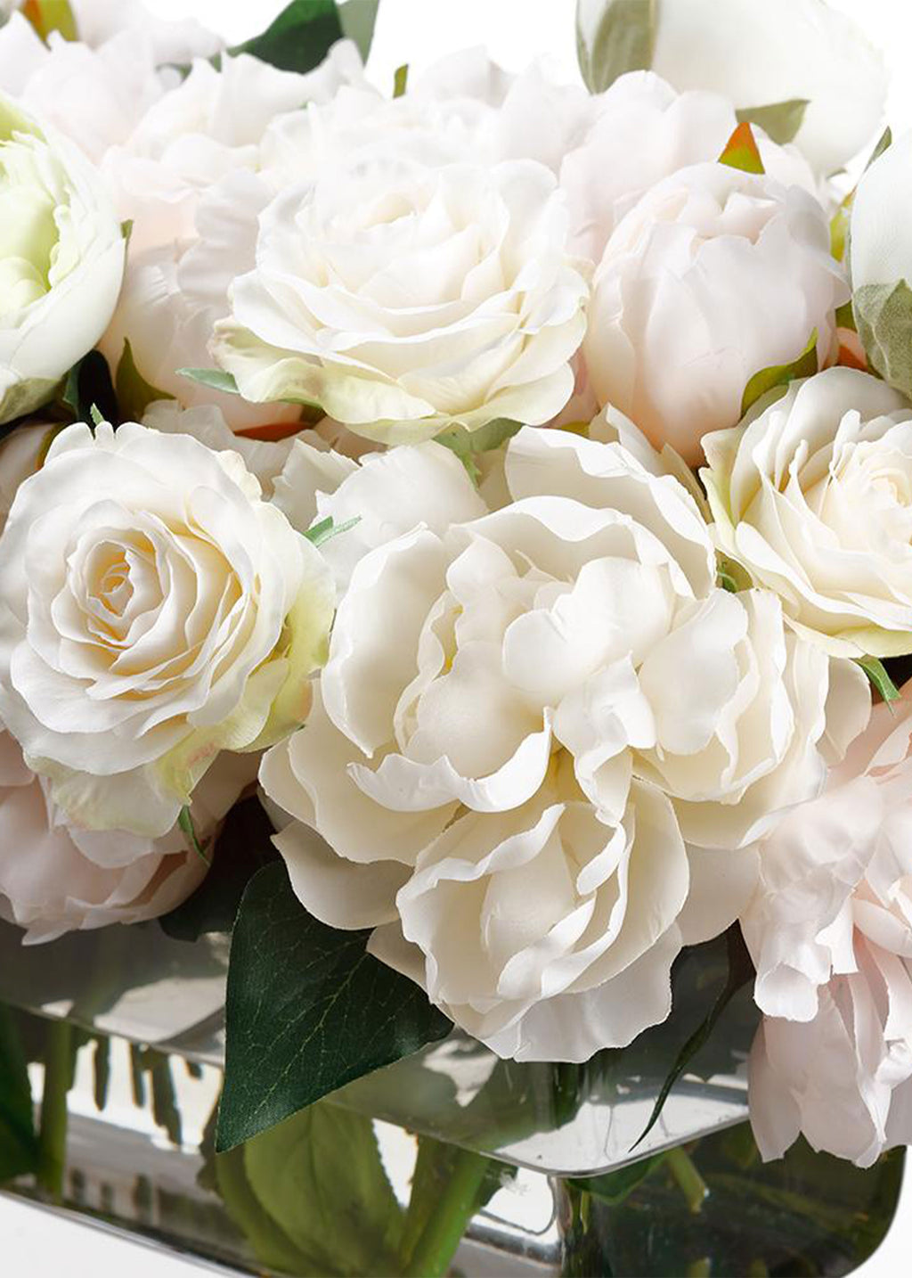 Close-up of Peony and Rose Arrangement in Glass Vase