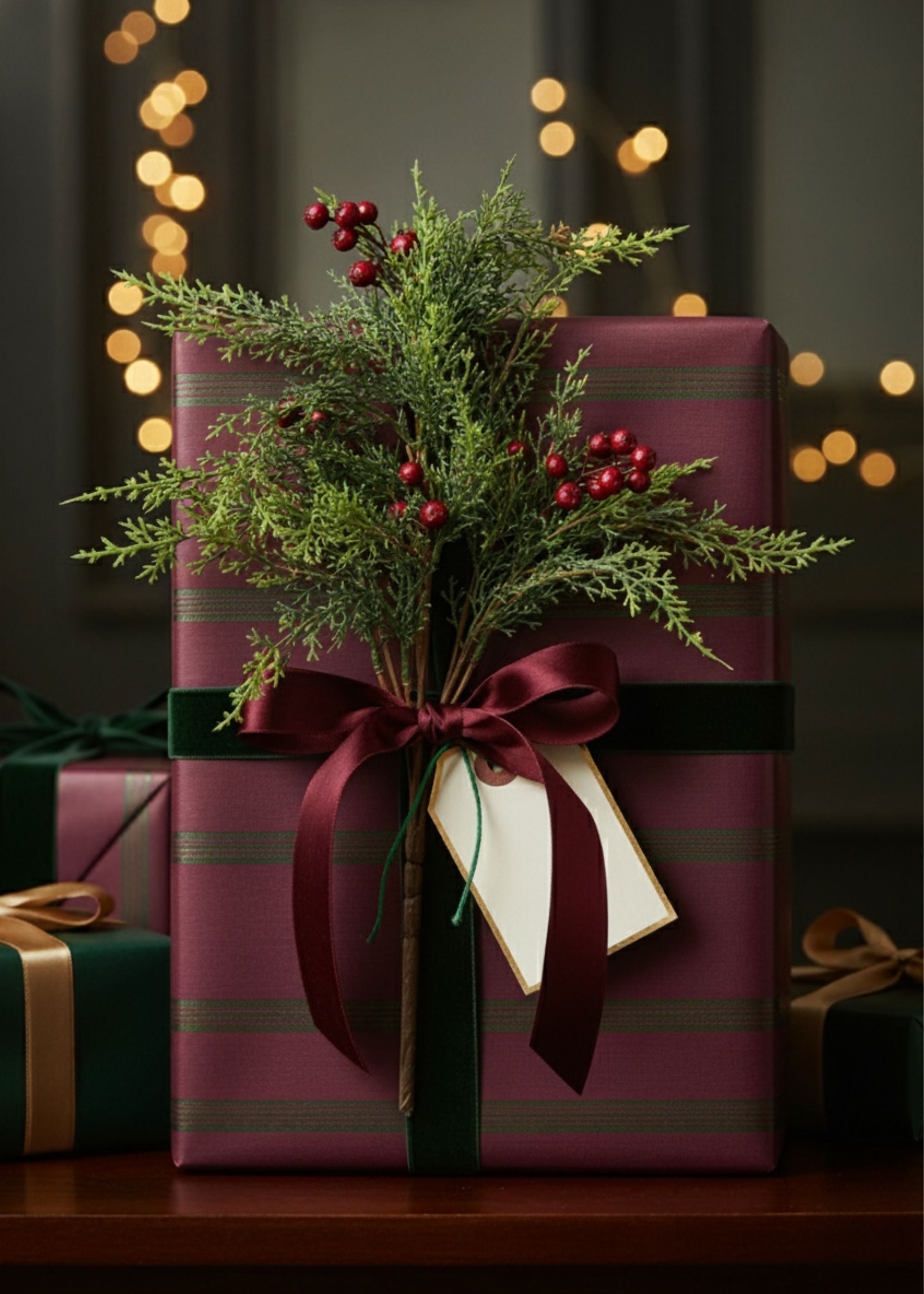Christmas gift with faux cedar and red berries