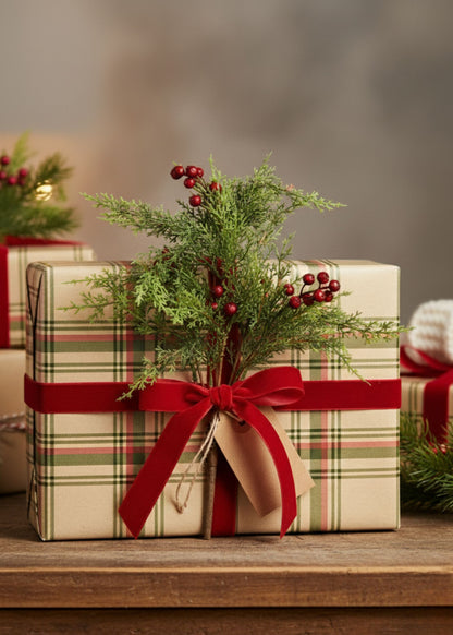 Holiday gift decorated with cedar branch and red berries