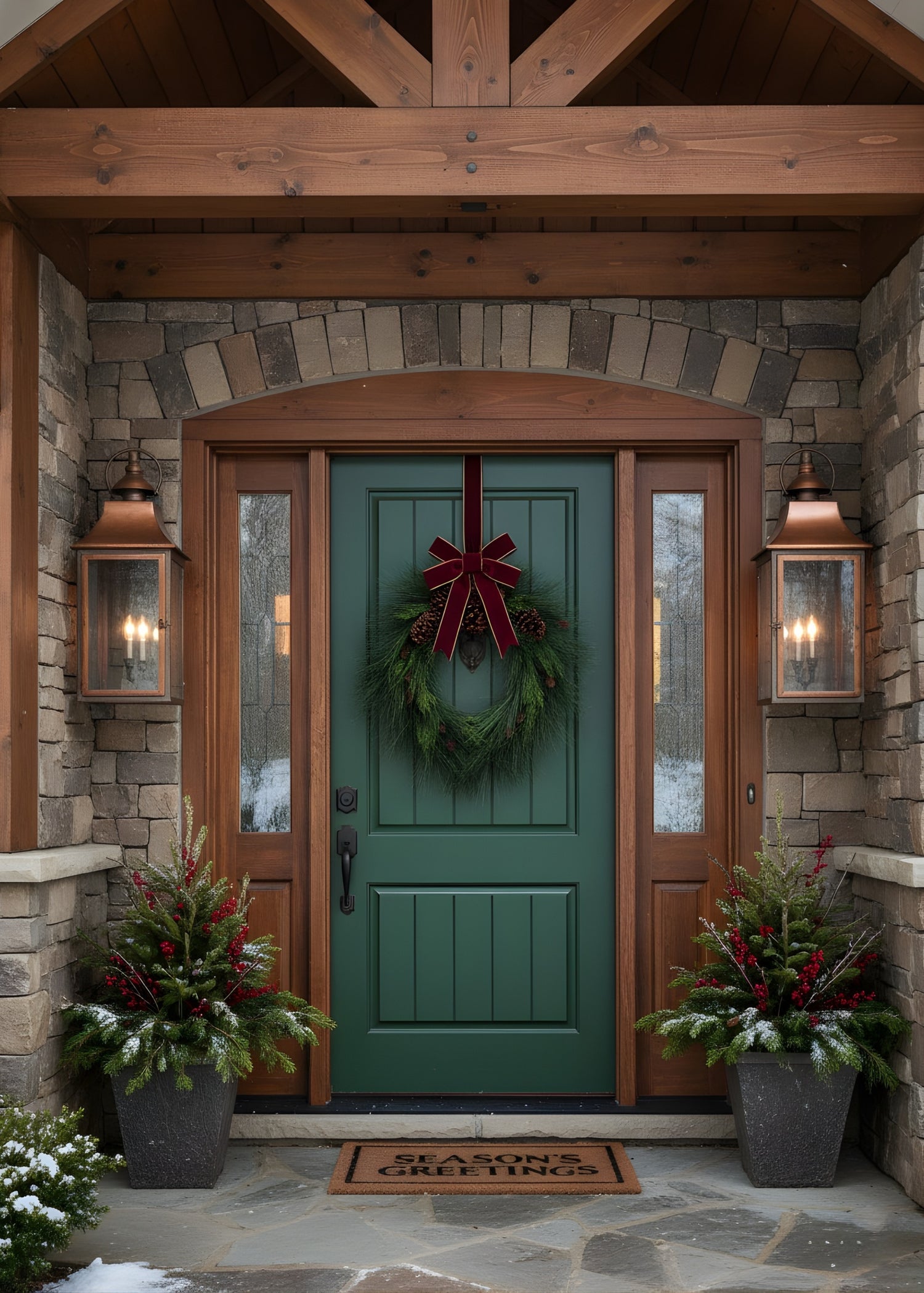 Green front door with wreath and potted plants on a stone porch