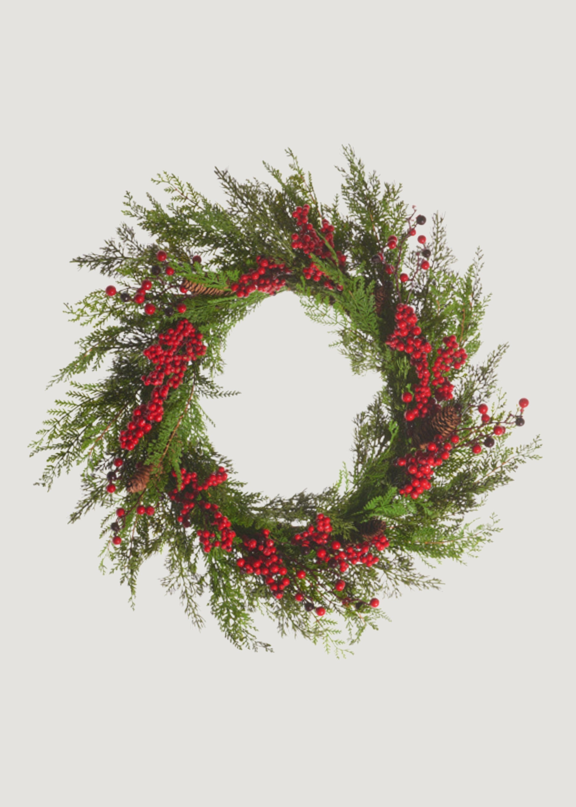Fake Cedar Winter Wreath with Red Berries and Pine Cones 