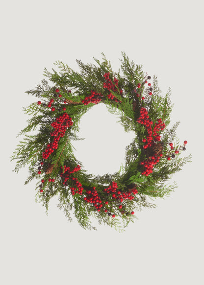 Fake Cedar Winter Wreath with Red Berries and Pine Cones 