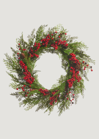 Fake Cedar Winter Wreath with Red Berries and Pine Cones 