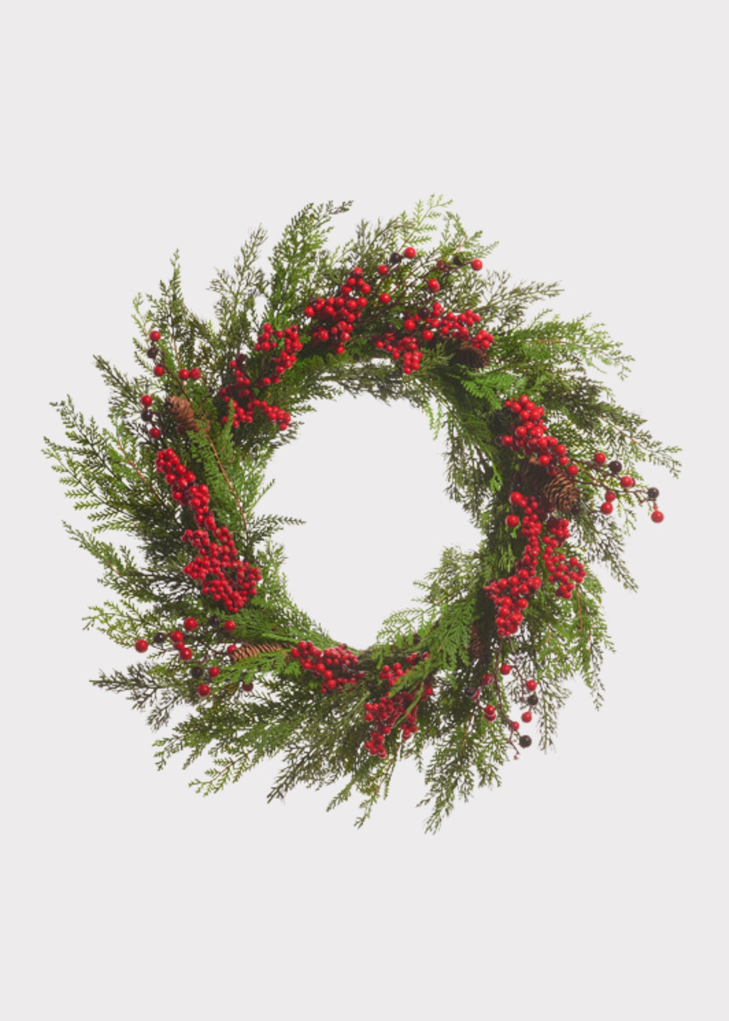 Fake Cedar Winter Wreath with Red Berries and Pine Cones 