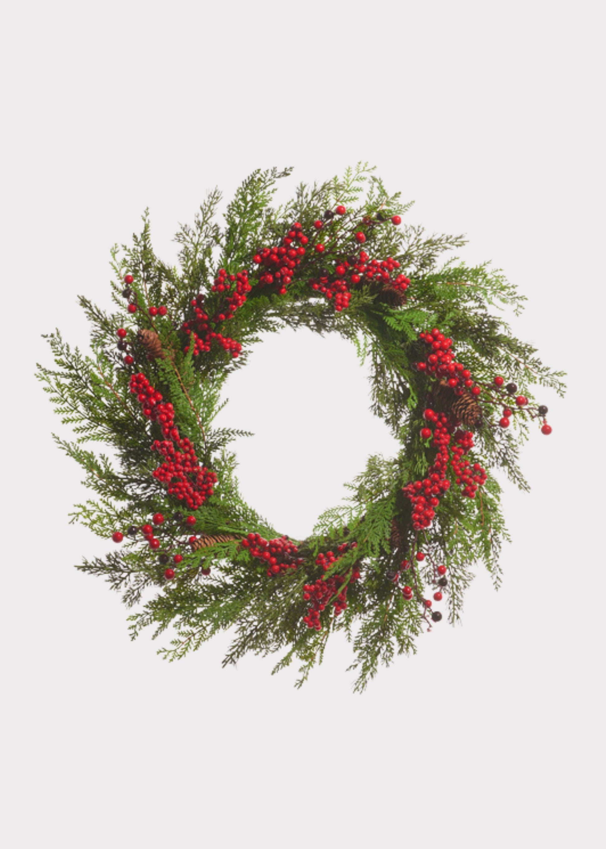 Fake Cedar Winter Wreath with Red Berries and Pine Cones 