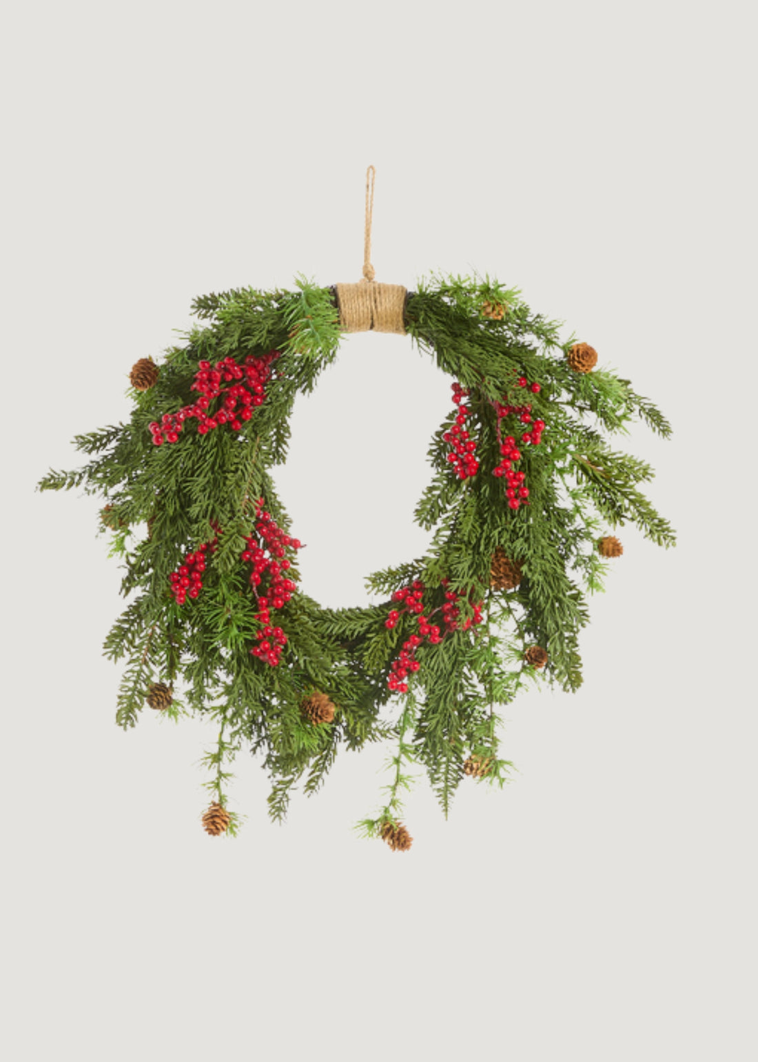 Artificial Cedar and Red Berry Winter Wreath with Pine Cones