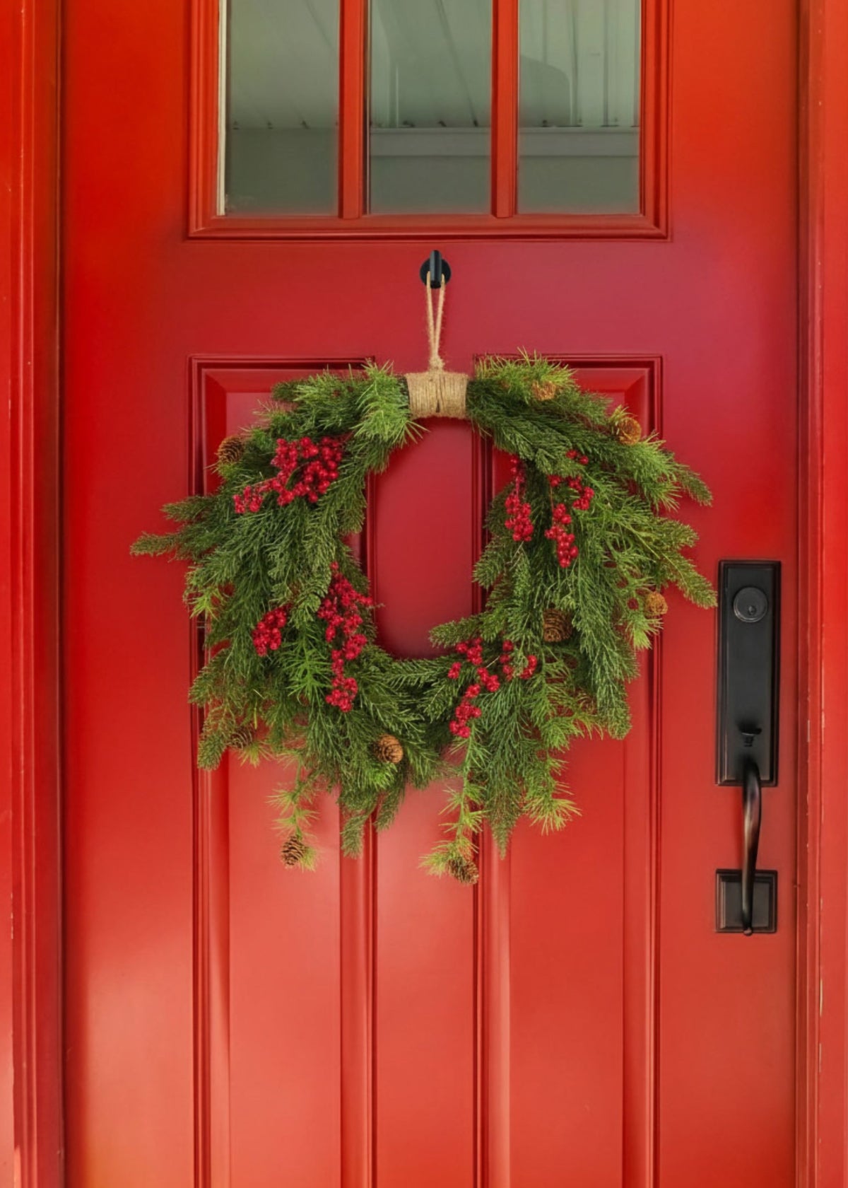 Faux Cedar and Red Berry Wreath on Red Door