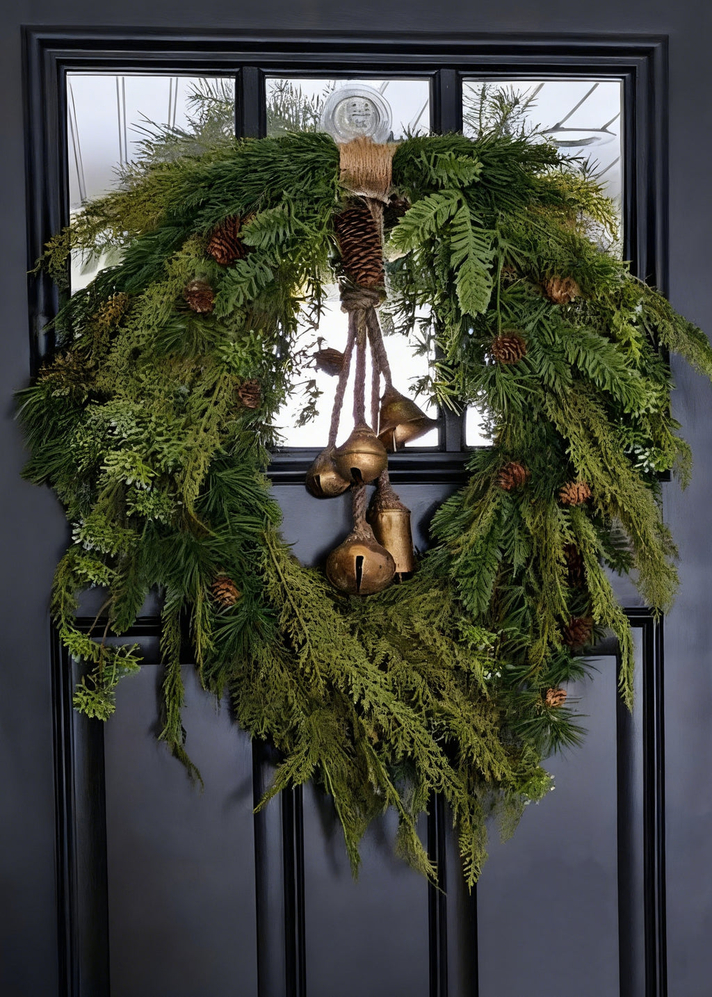 Cedar wreath with pine cones on wood door