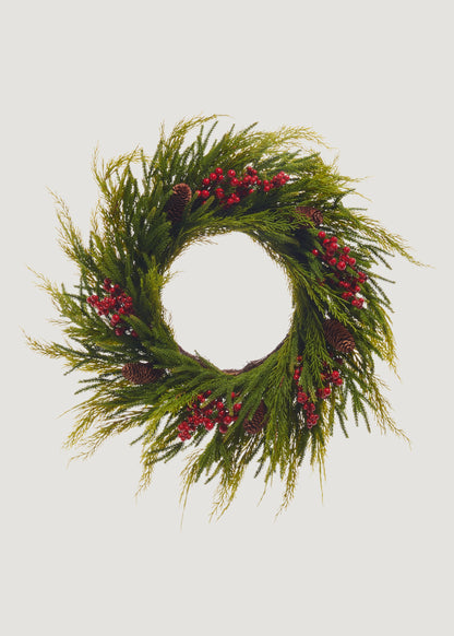Fake Cedar Wreath with Red Berries and Pine Cones