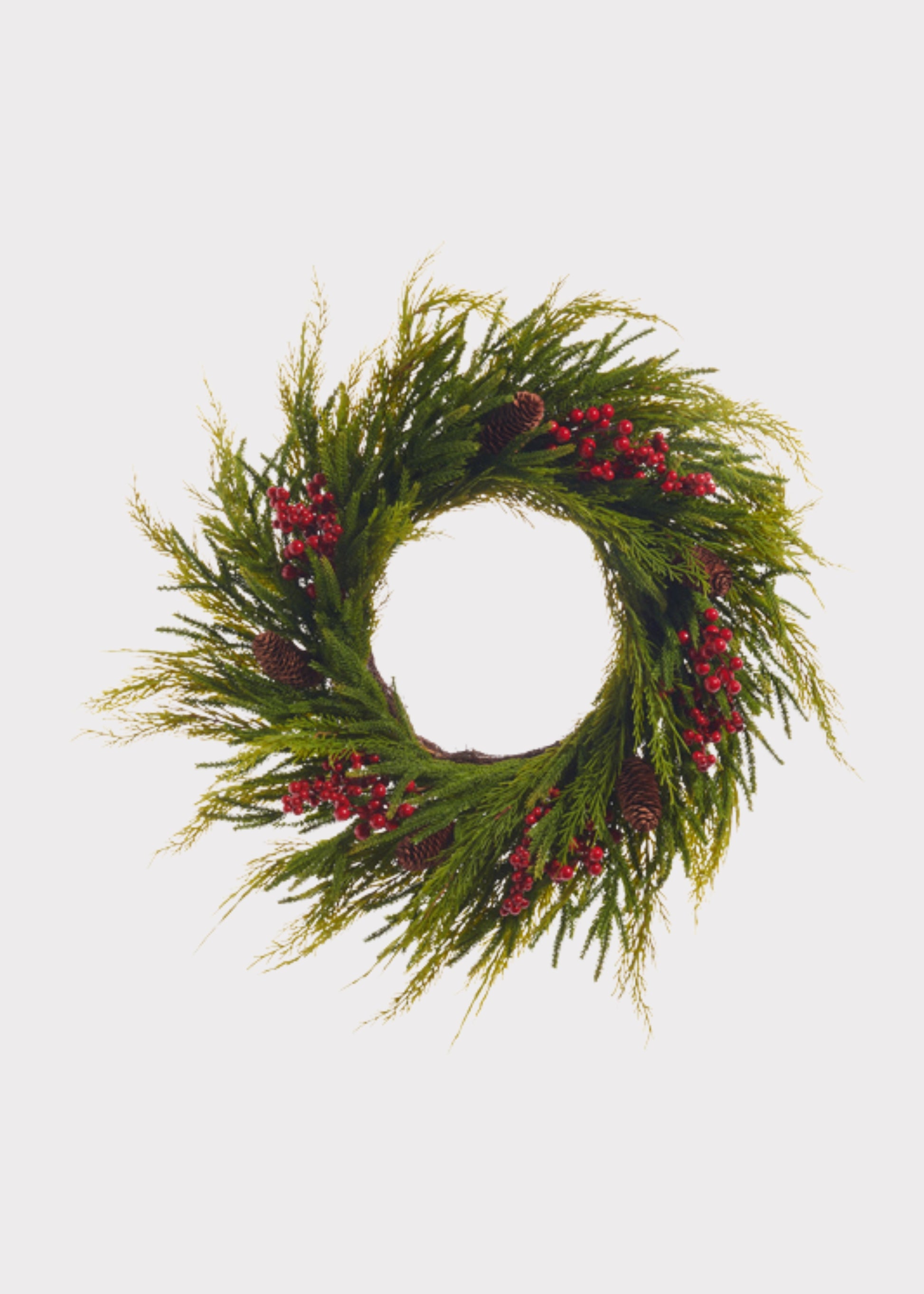 Fake Cedar Wreath with Red Berries and Pine Cones