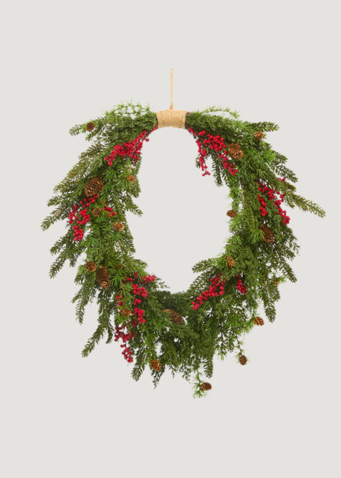 Fake Holiday Cedar and Red Berry Wreath with Pinecones 