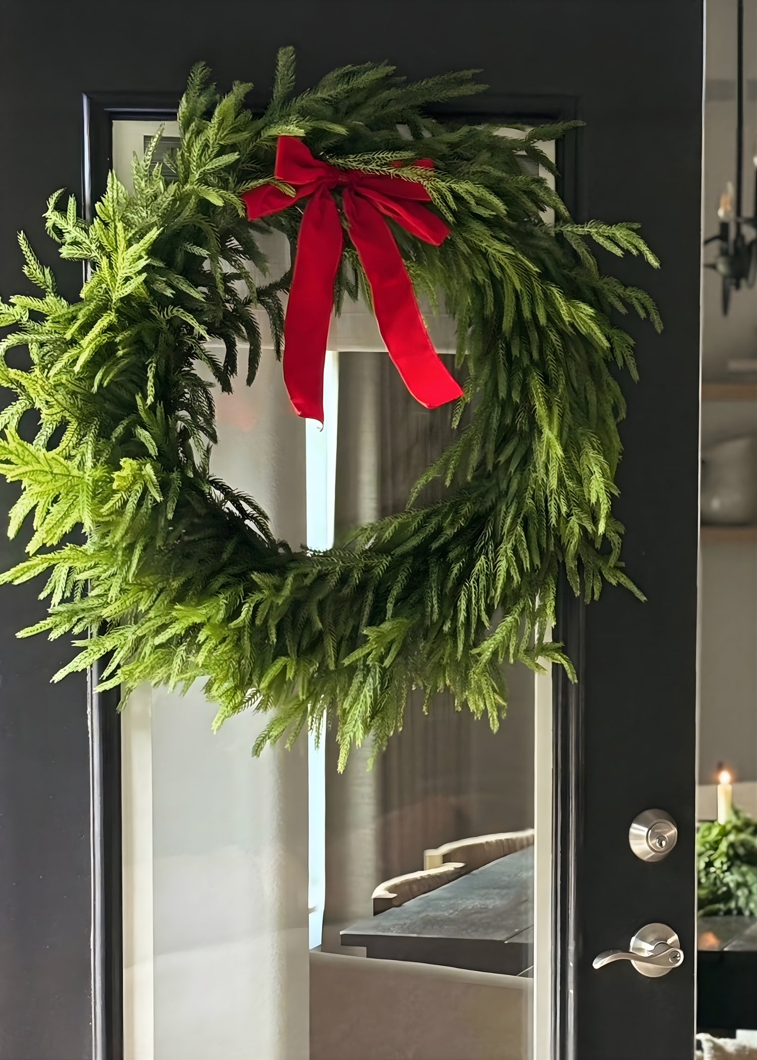  Norfolk Pine Wreath with Bow on Door