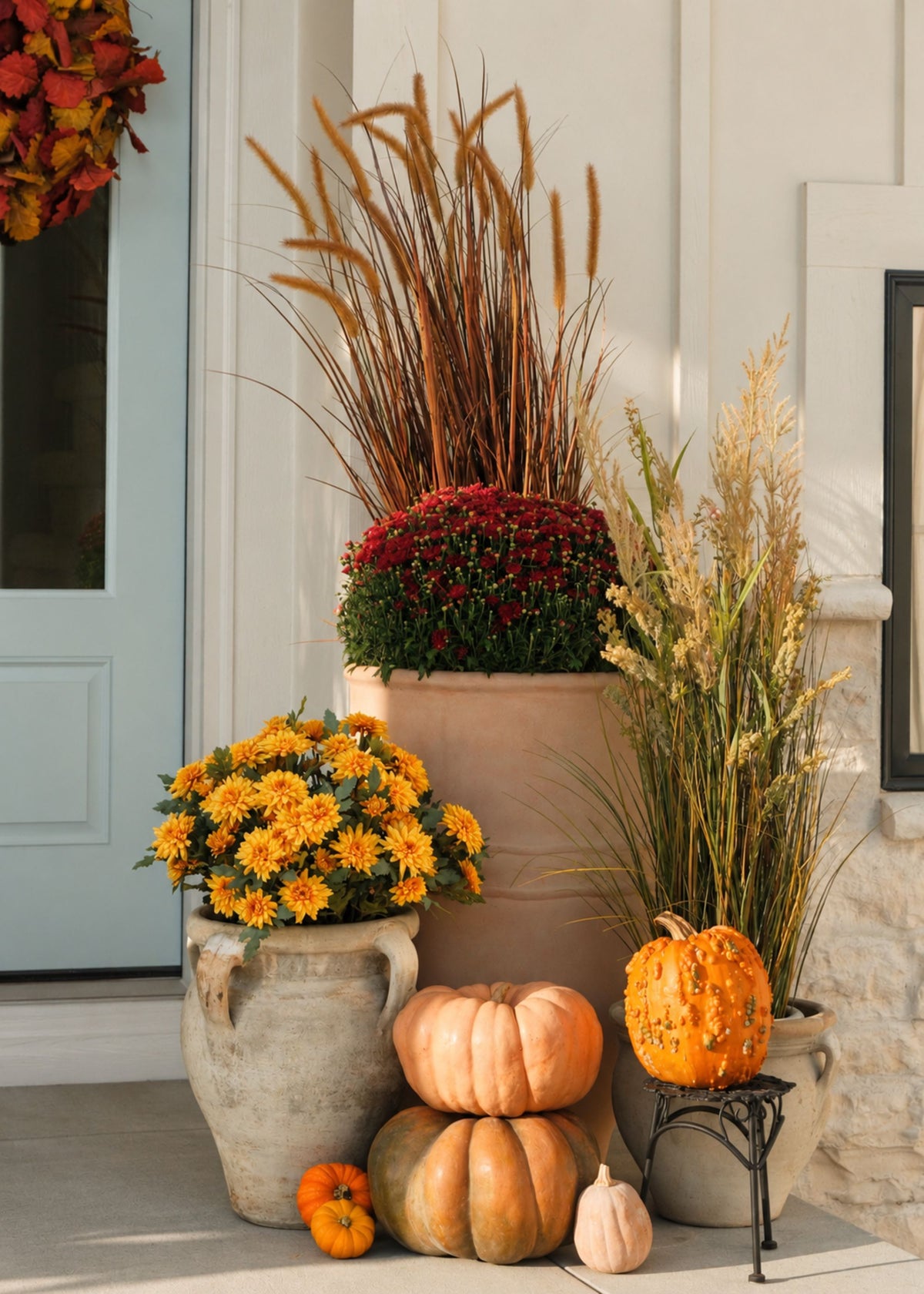Outdoor potted mums and grasses