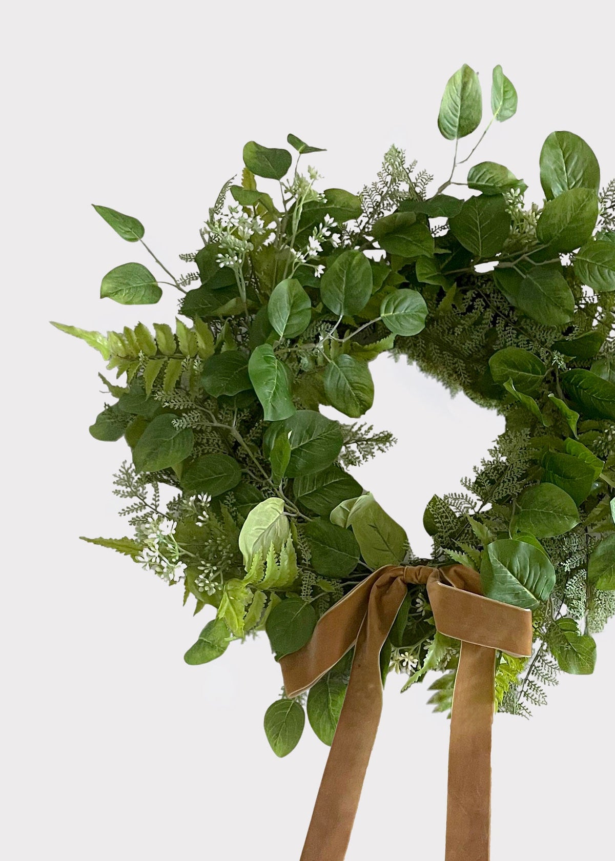 Afloral™ UV Green Artificial Fern and Salal Leaf Wreath with Bow - 24"