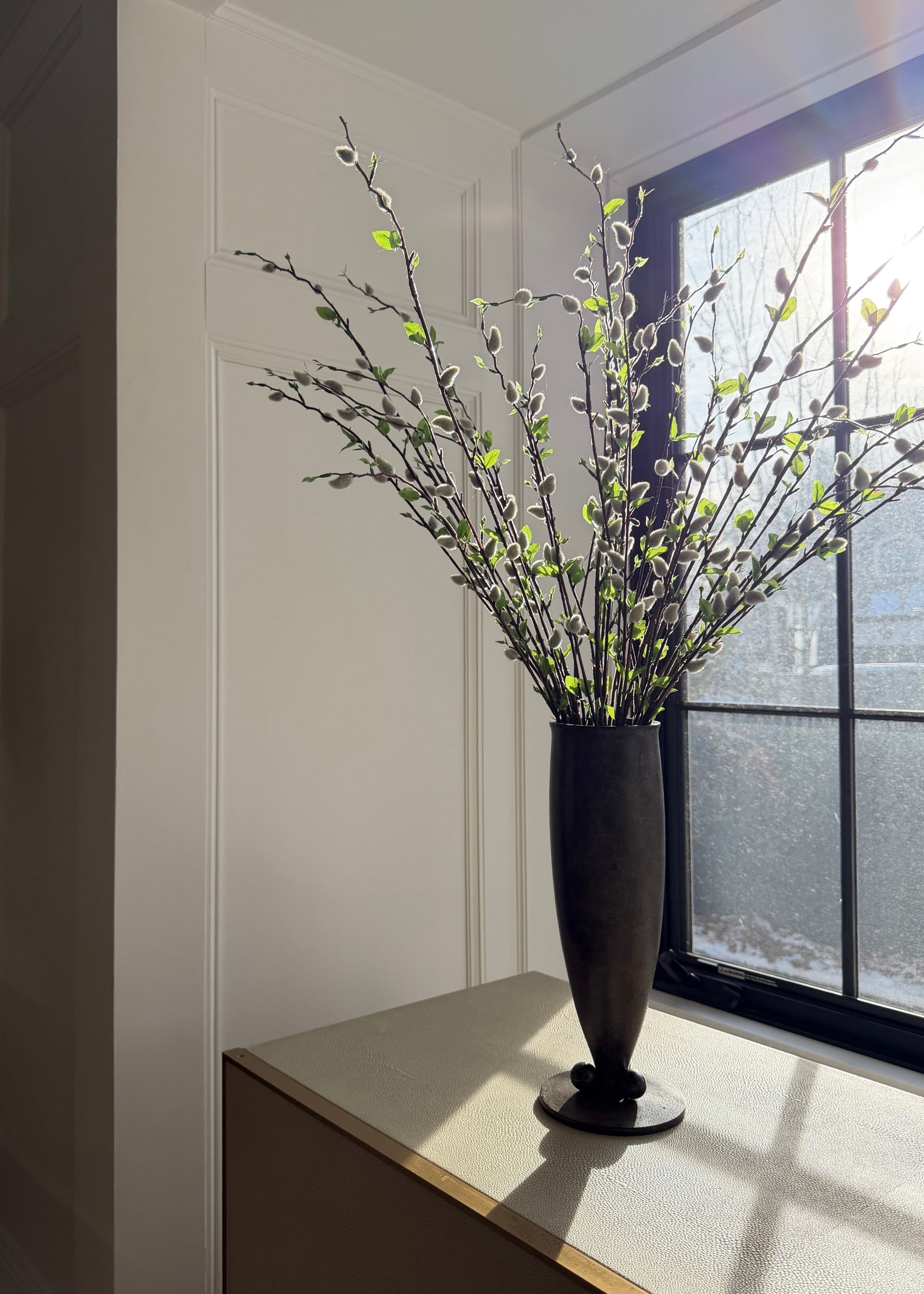 Vase with decorative pussy willow branches on a windowsill