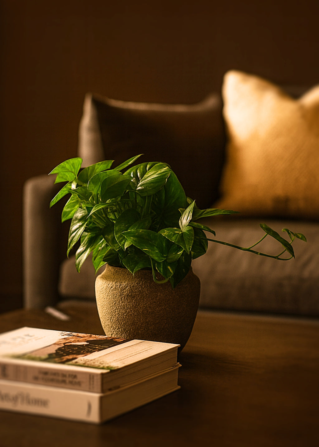Potted fake pothos plant on a coffee table 