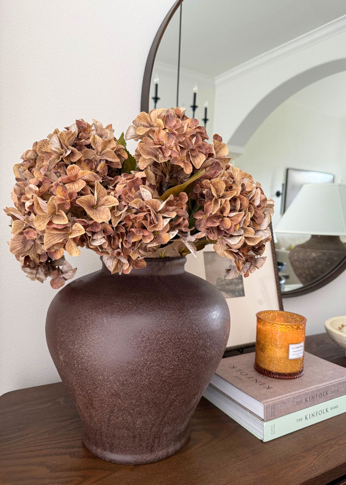 artificial hydrangeas in brown