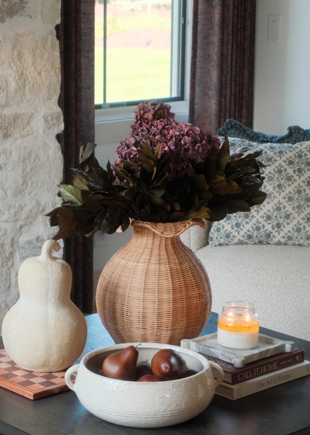 Burgundy Fake Hydrangea Fall Flower Bush Styled with Dried Salal Leaves
