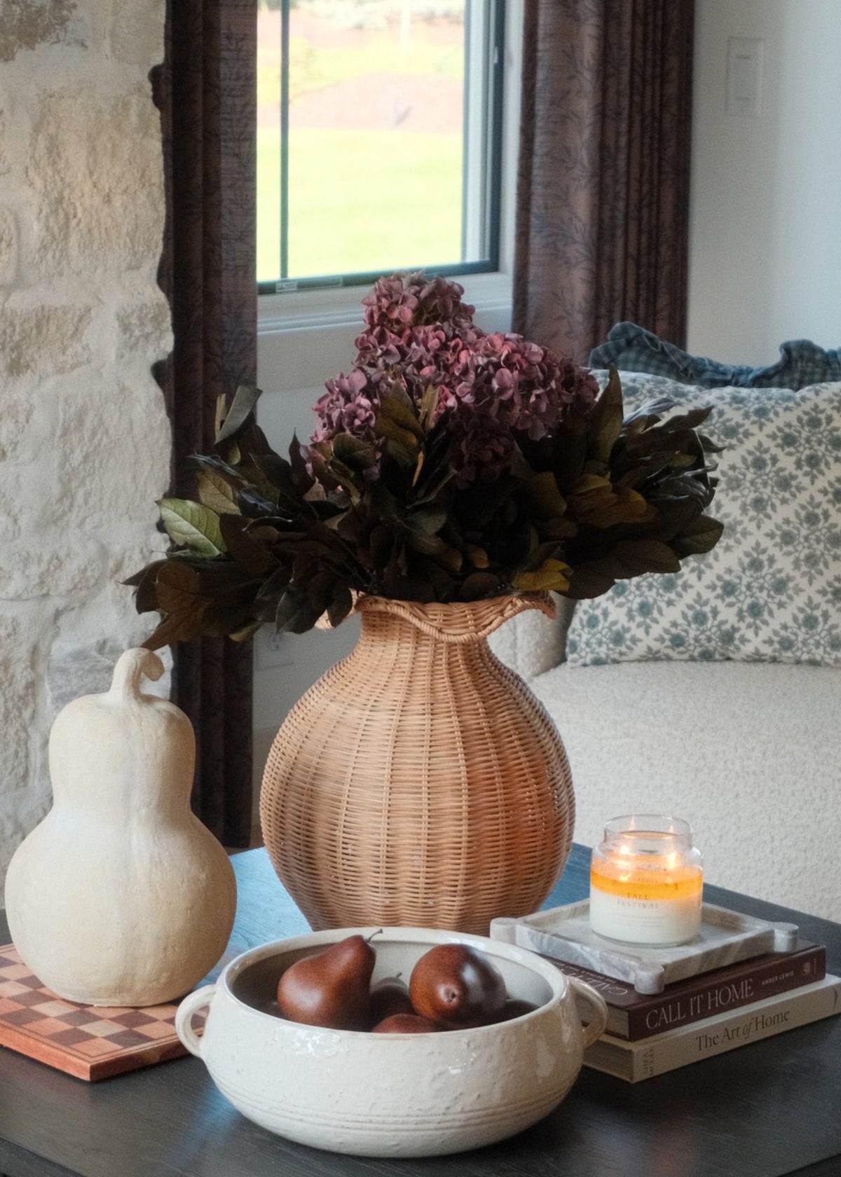 Burgundy Fake Hydrangea Fall Flower Bush Styled with Dried Salal Leaves