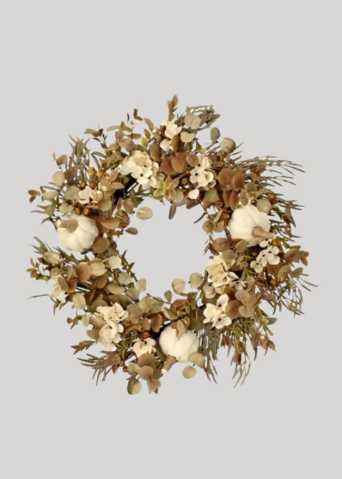 Cream and Brown Fake Autumn Leaf Wreath with Pumpkins