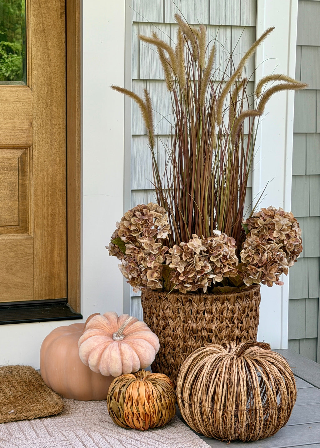  Autumn Brown Grass Potted Plant with faux hydrangeas
