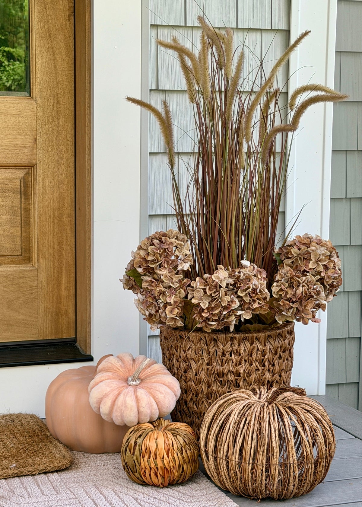  Autumn Brown Grass Potted Plant with faux hydrangeas