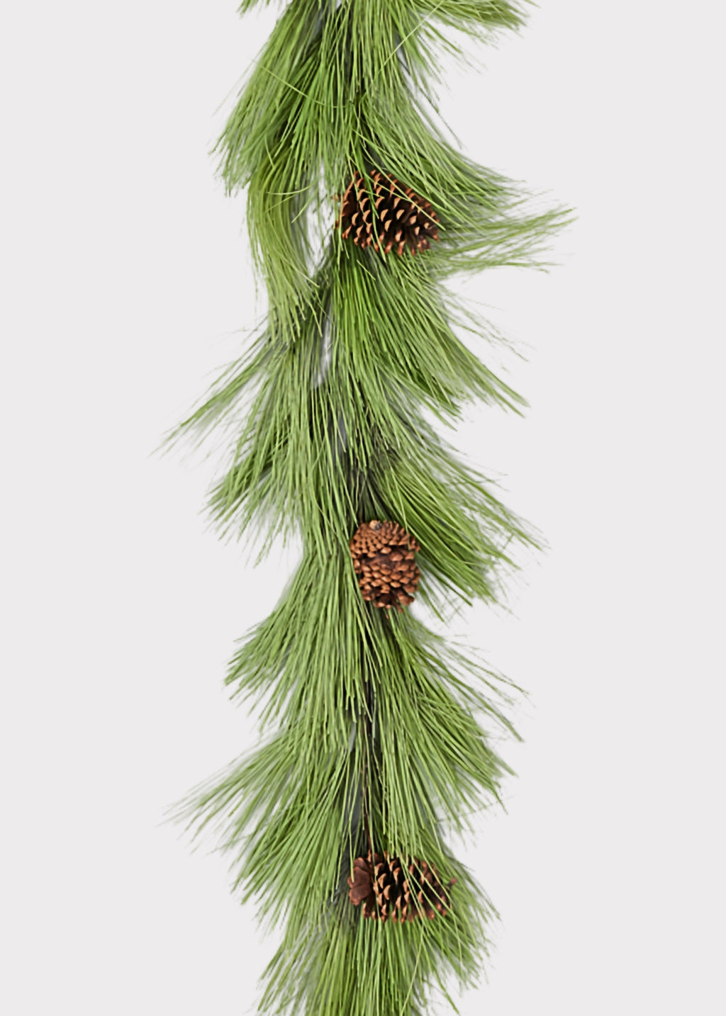 A green pine garland with natural brown pinecones, shown vertically against a plain light gray background.