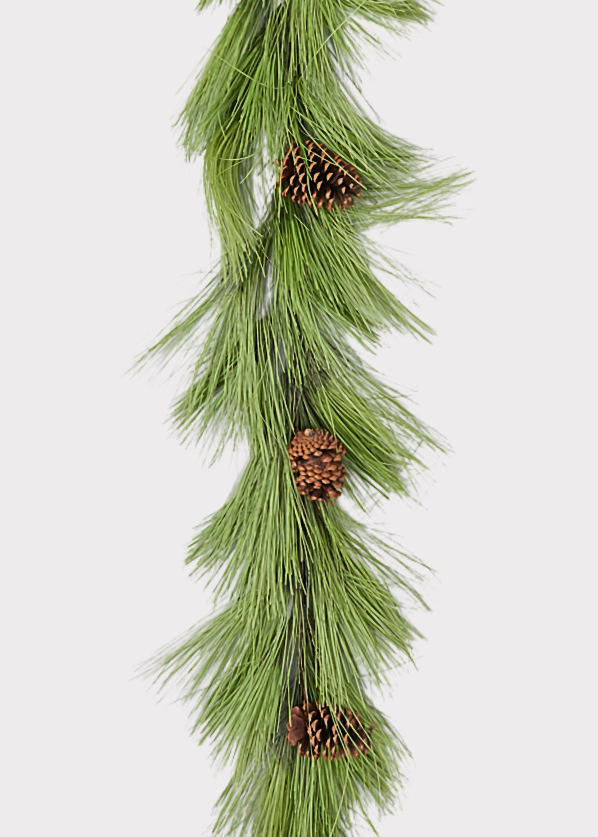 A green pine garland with natural brown pinecones, shown vertically against a plain light gray background.