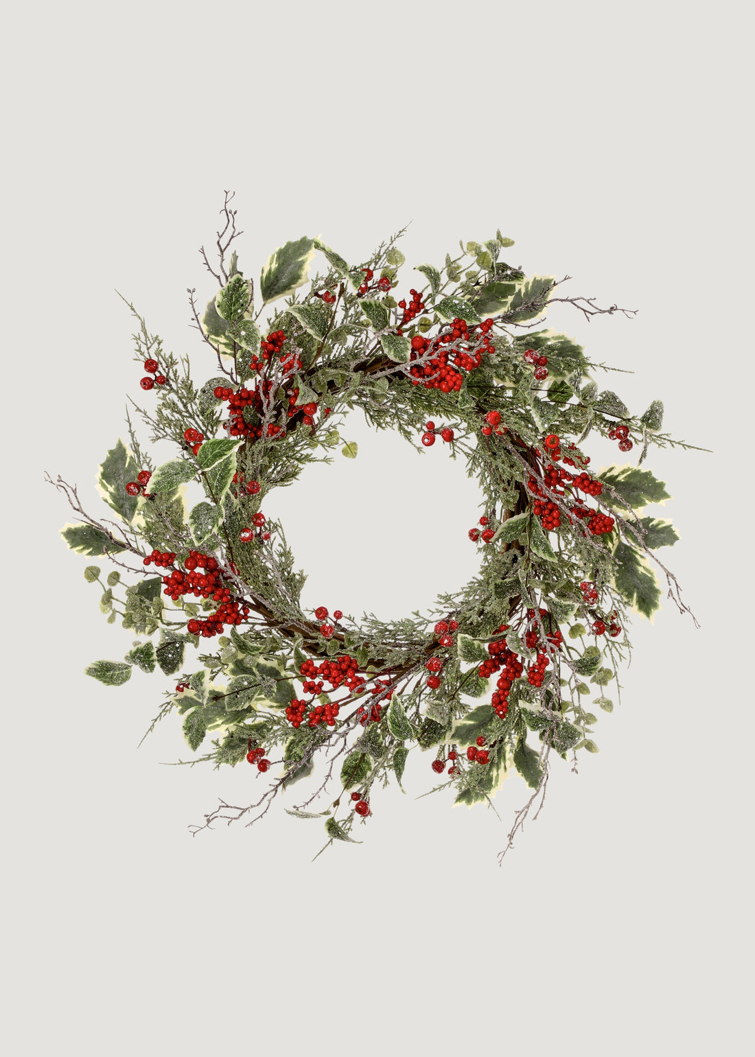 Artificial Frosted Holly and Red Berry Holiday Wreath