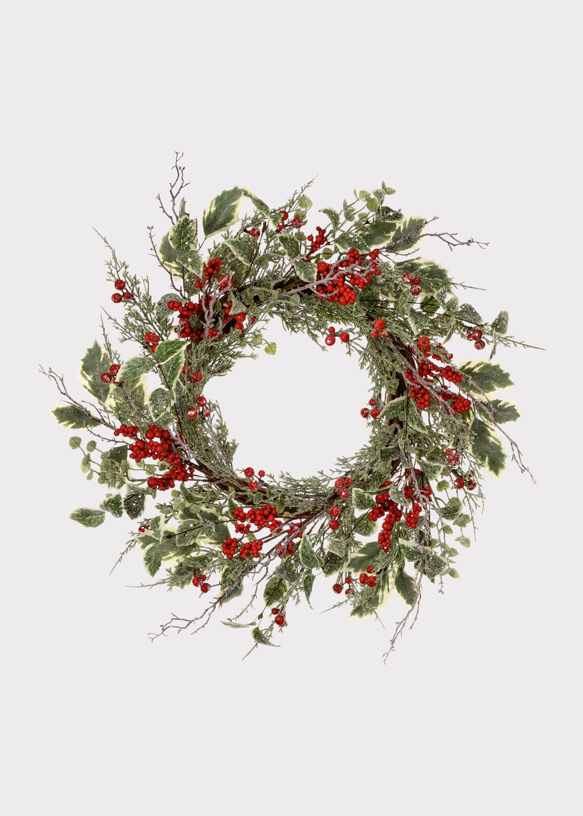 Artificial Frosted Holly and Red Berry Holiday Wreath 