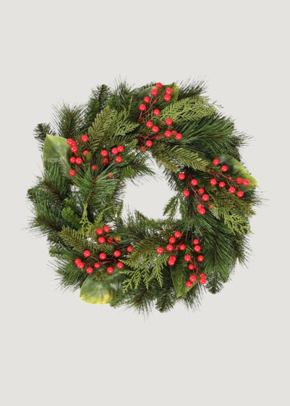 UV Treated Fake Indoor/Outdoor Winter Pine and Berry Wreath 