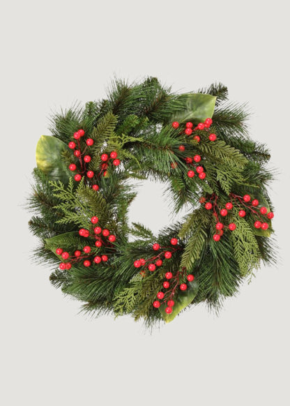 UV Treated Fake Indoor/Outdoor Winter Pine and Berry Wreath 