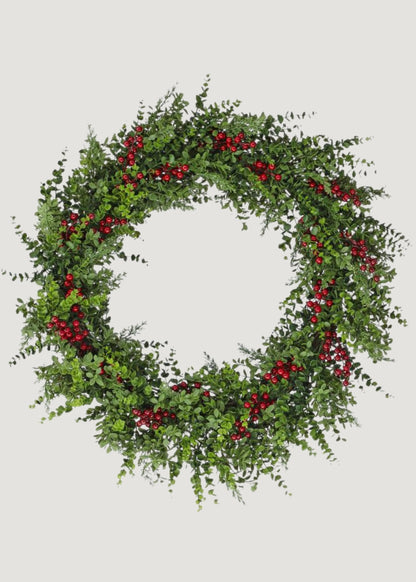 Fake Eucalyptus and Pine Holiday Wreath with Berries 