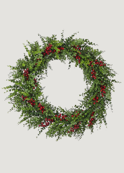 Fake Eucalyptus and Pine Holiday Wreath with Berries 