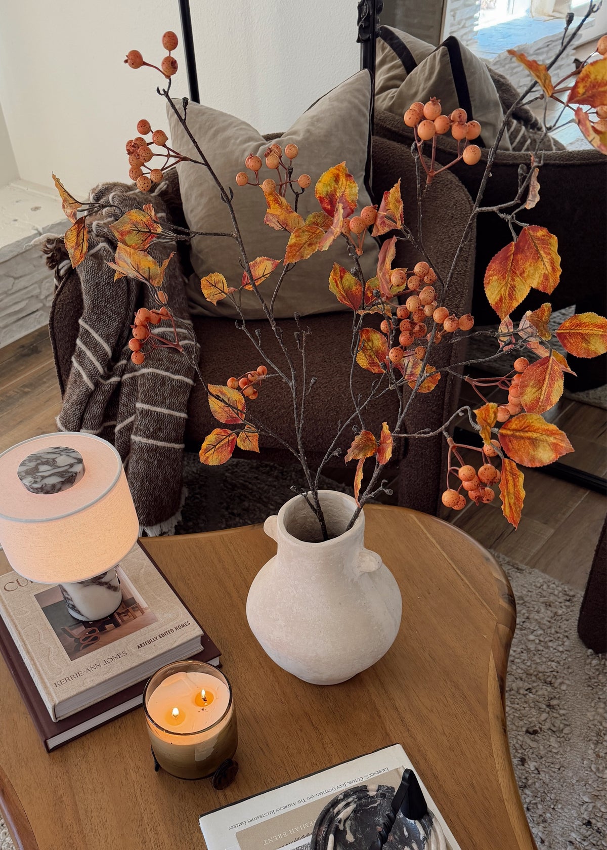 Rosehip Berry Pods arranged in a vase on a coffee table
