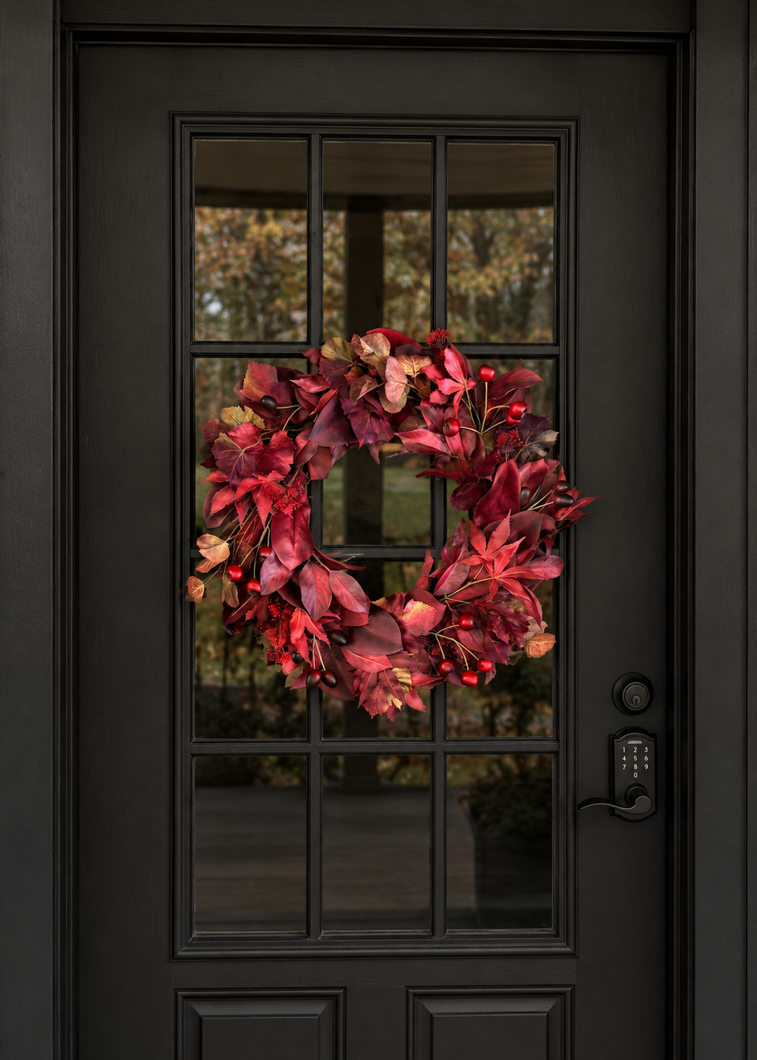 24" faux foliage leaf wreath featuring lifelike berries and rich burgundy leaves with red, orange, and green hues