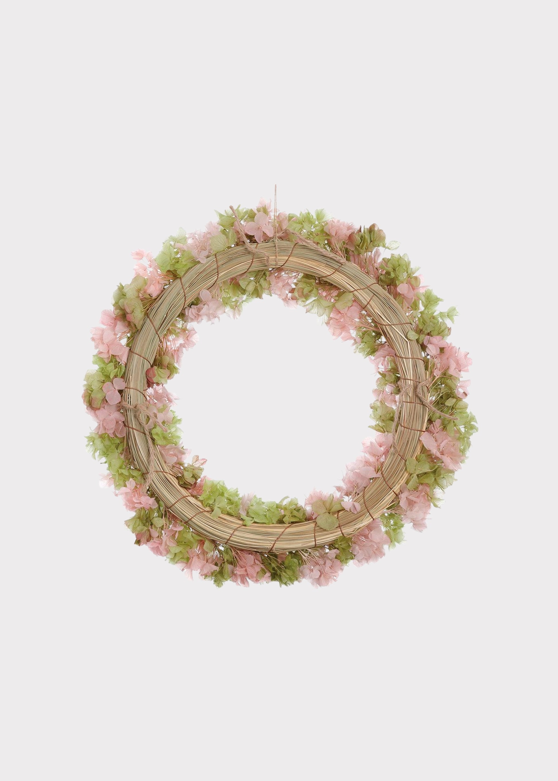 Back of a Pink and Green Preserved Hydrangea Flower Wreath 