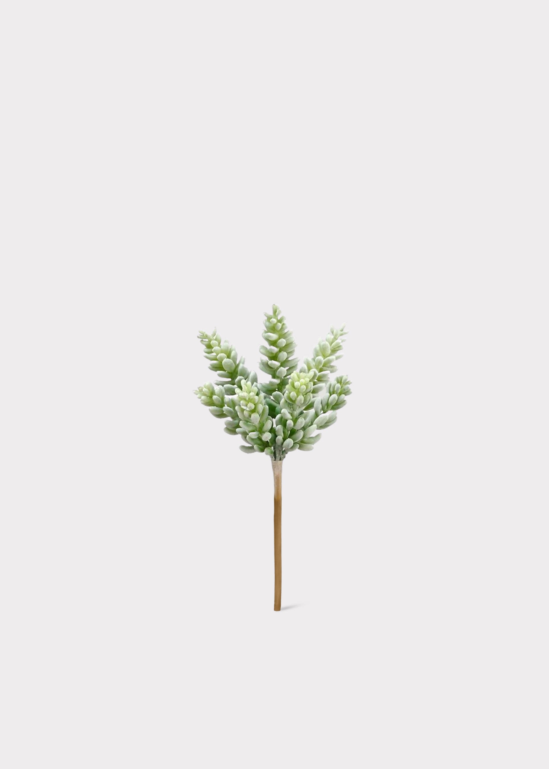 An artificial green succulent branch with a brown stem, centered on a light gray background.