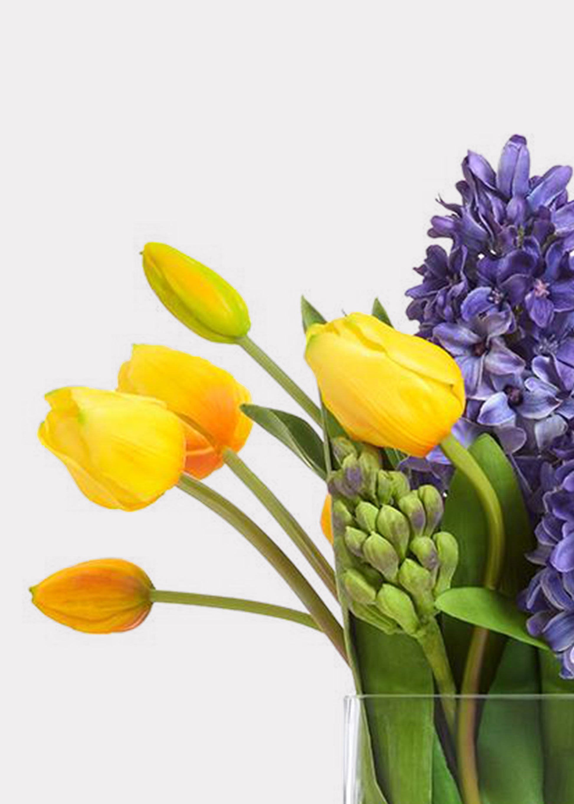 Close-up of faux tulip and hyacinth arrangement