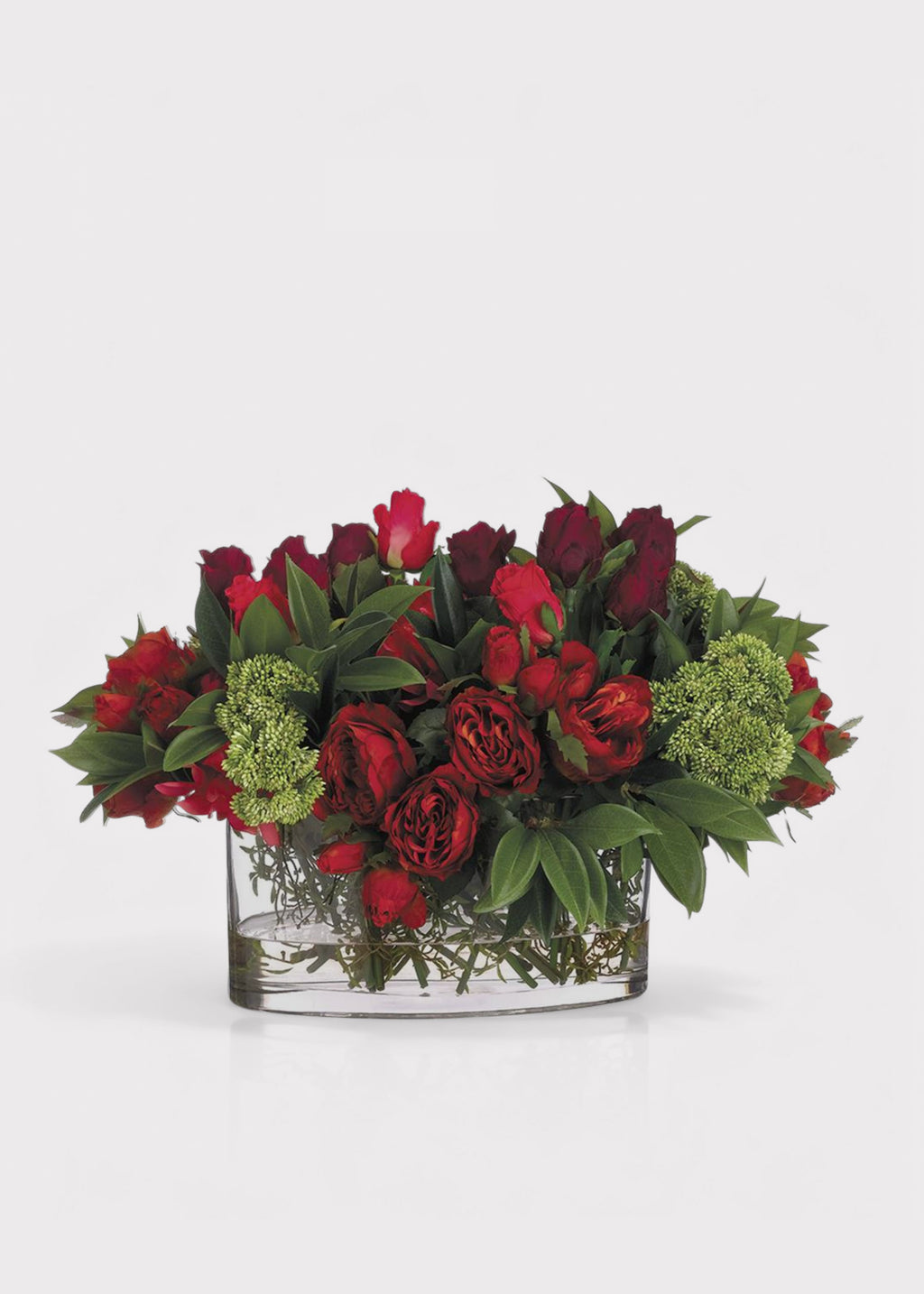 Red Fake Rose and Dahlia Flower Arrangement in Oval Glass Vase