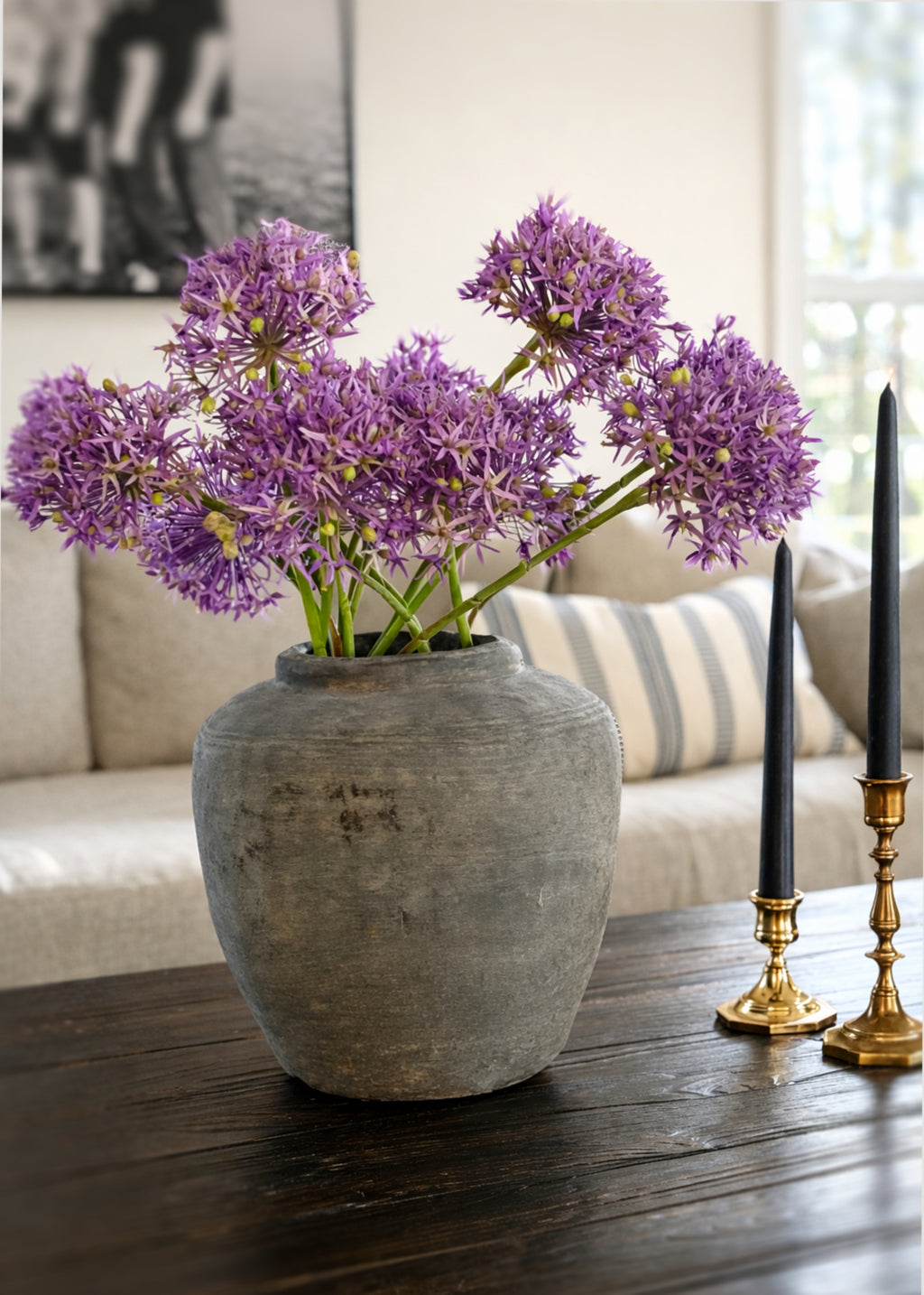 artificial allium flowers styled in cement vase