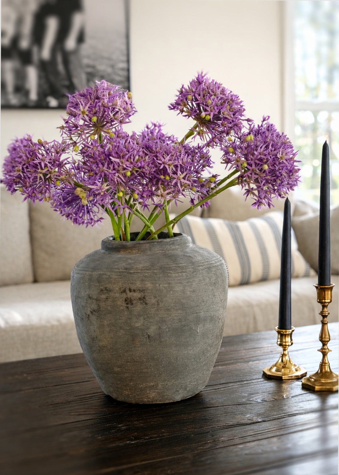 artificial allium flowers styled in cement vase