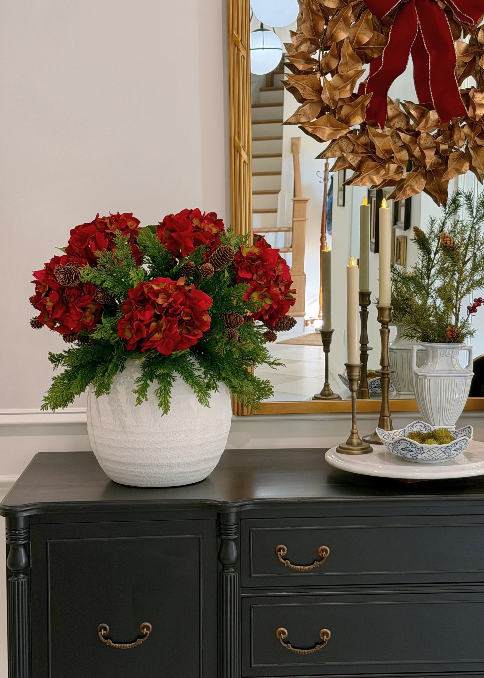 Red Hydrangea, Cedar, and Pine cone Arrangement