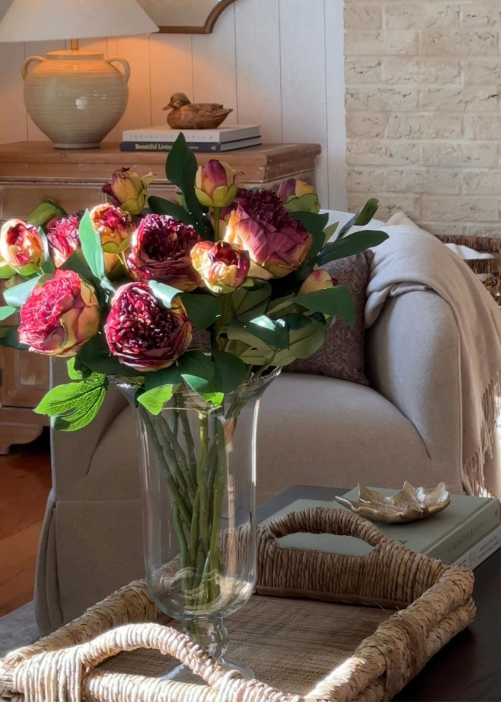 Burgundy fall faux peonies styled in a vase