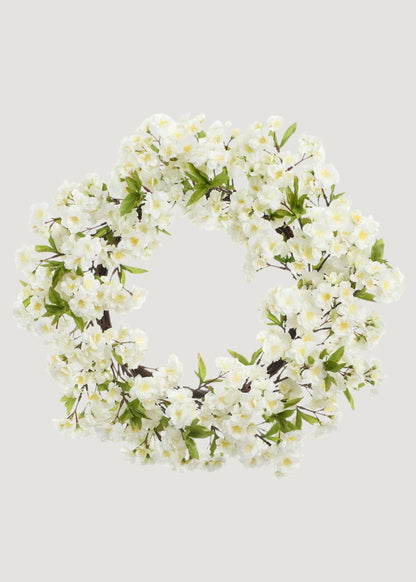 Fake Cherry Blossom Wreath in White 