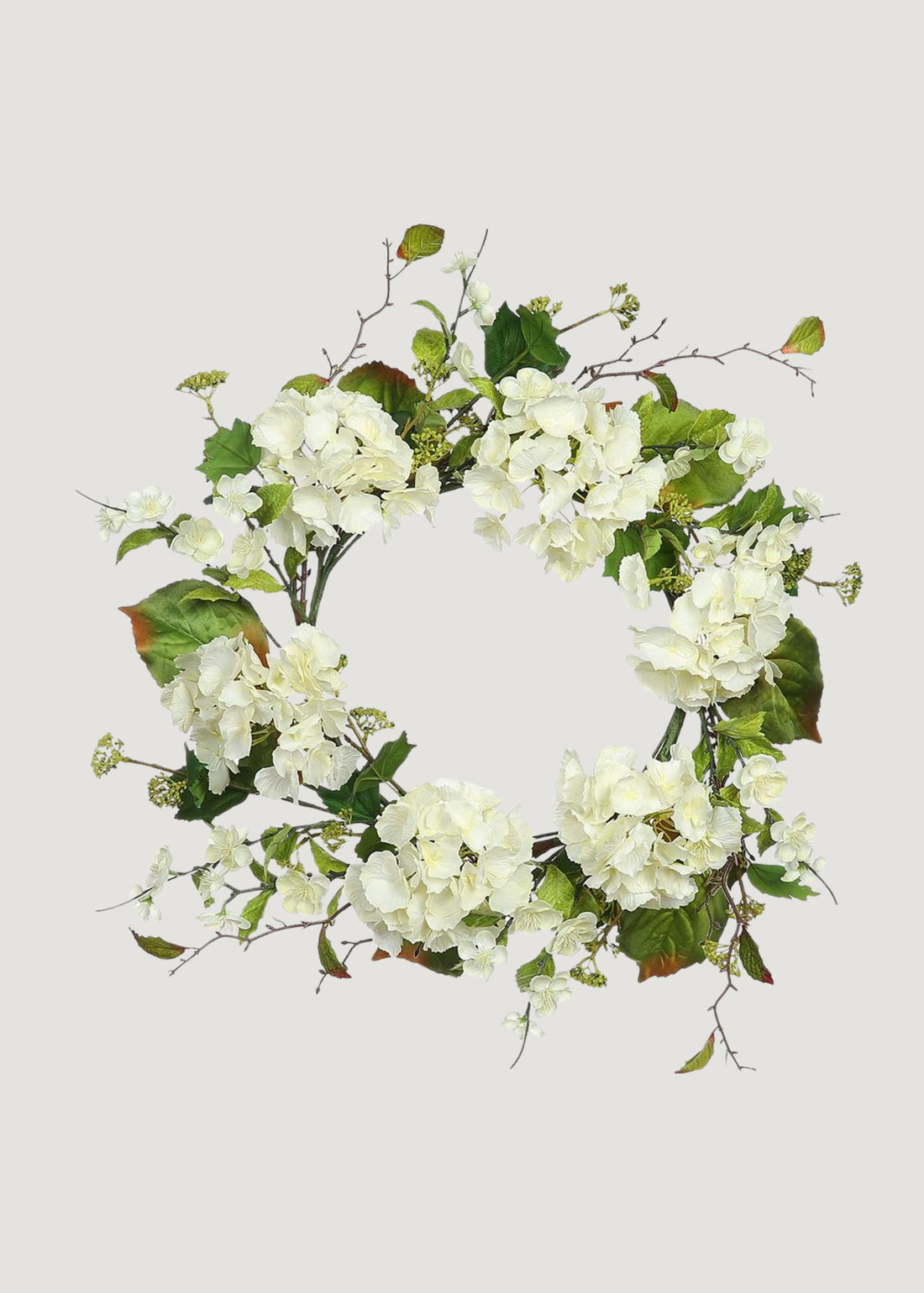 Artificial Hydrangea and Foliage Wreath in Cream Green 